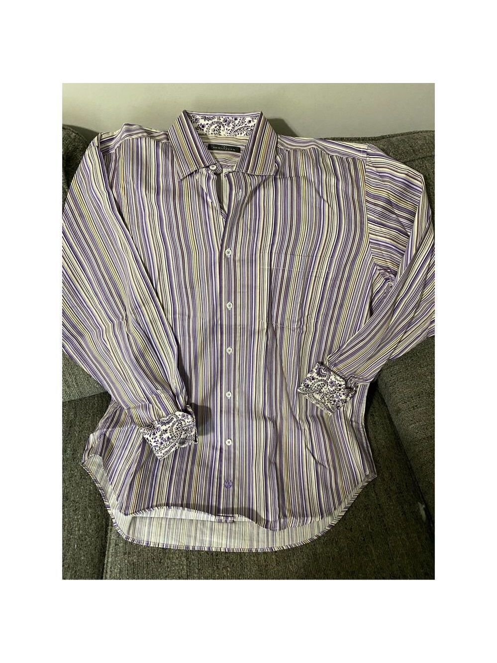 Bugatchi Striped Long Sleeve Button Up Dress Shirt Purple & Gold XL Mens
